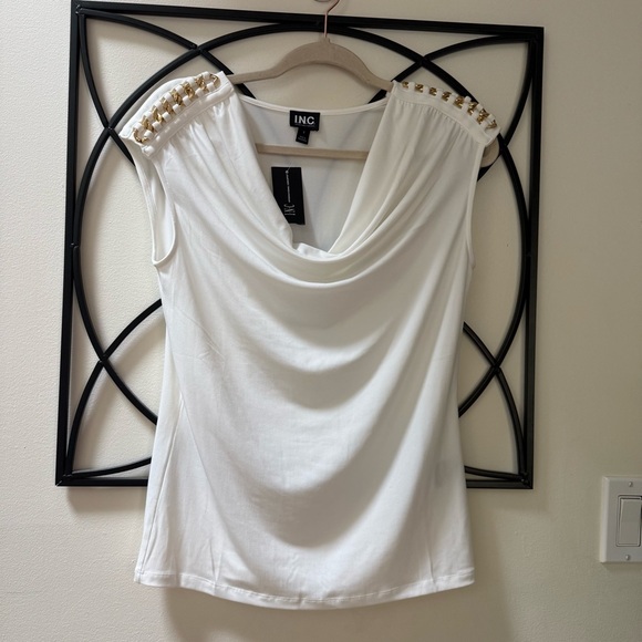 INC International Concepts White Top with Gold Chain Shoulders - Picture 1 of 5